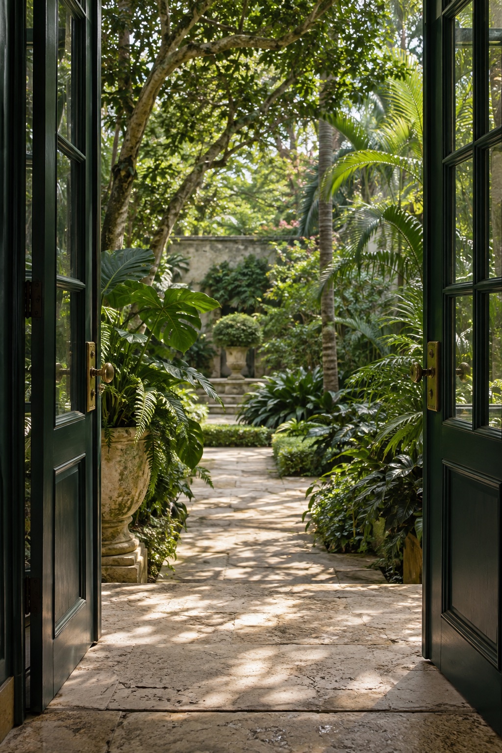 Concept of green French doors opening onto a lush, sunlit tropical garden